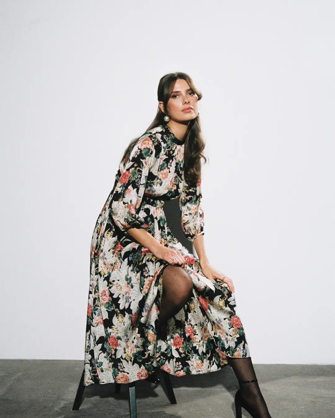 Satin Midi Dress Black Bouquet