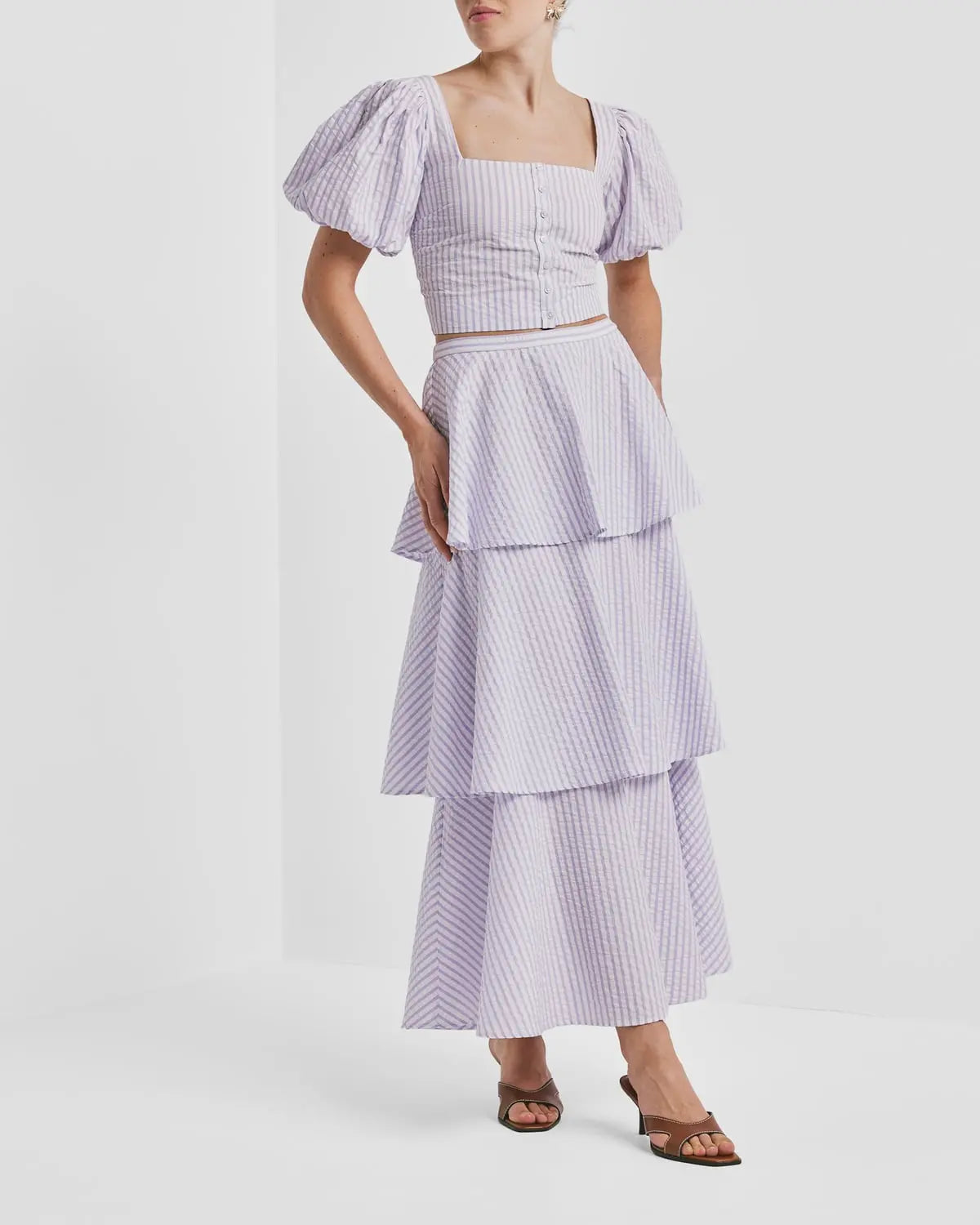 Seersucker Flounce Skirt Pink Stripe