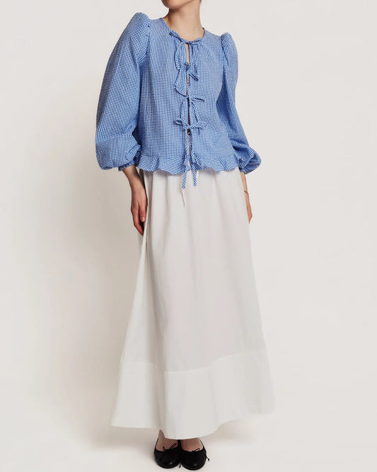 Seersucker Bow Blouse Blue Checks