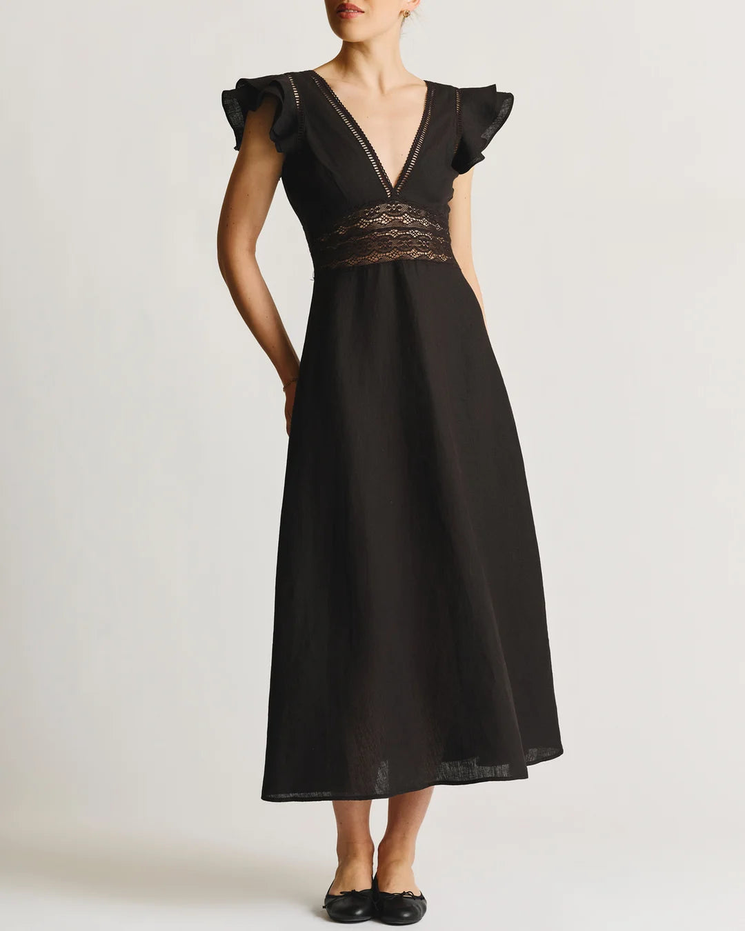 Linen V-Neck Dress Black