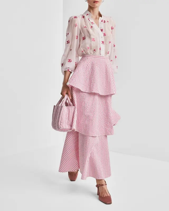 Seersucker Flounce Skirt Pink Stripe