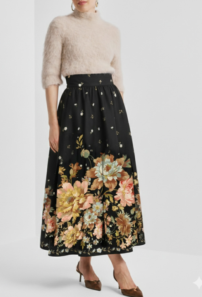 Taffeta Maxi Skirt Midnight Blossoms