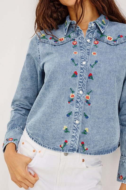 Bari Faded Indigo Floral Embroidery