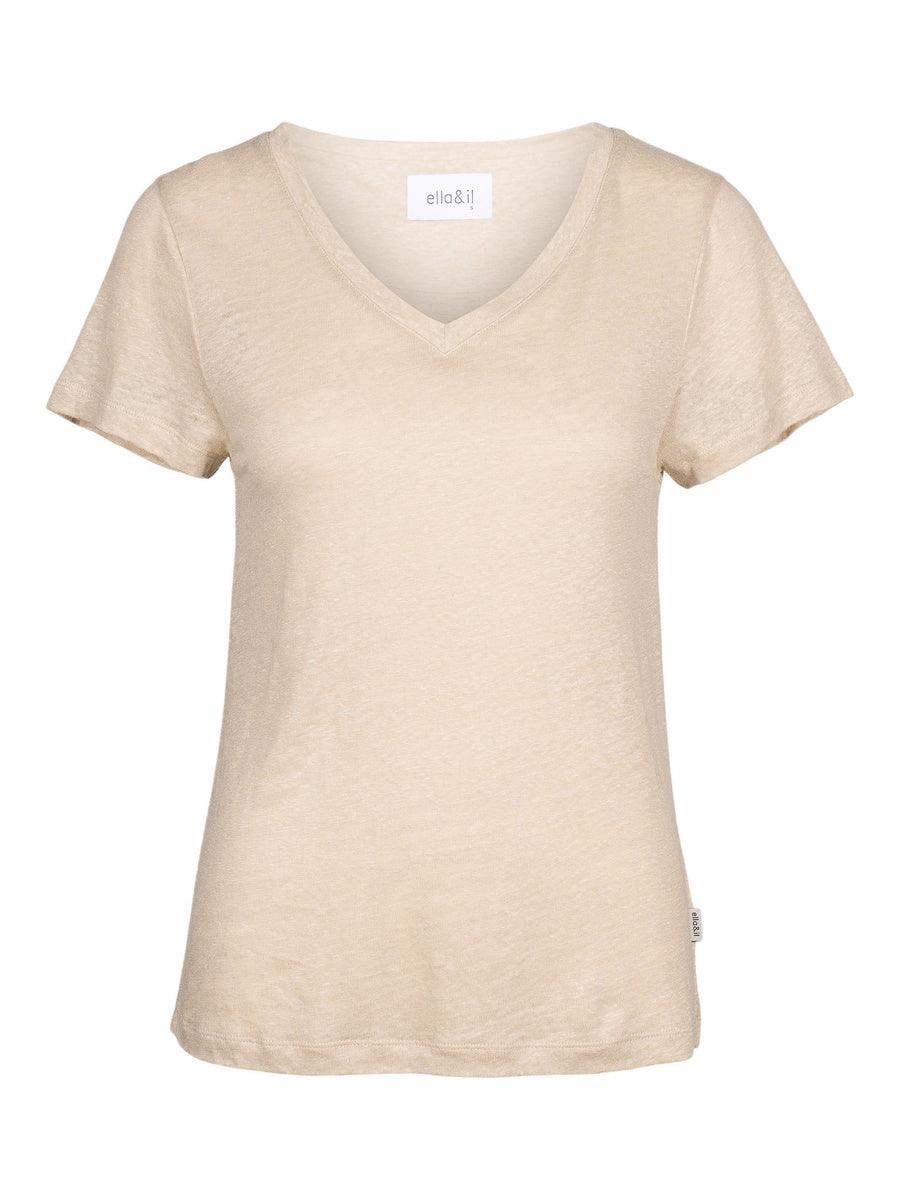 Beige t-skjorte i linmateriale med V-hals og korte ermer for dame.