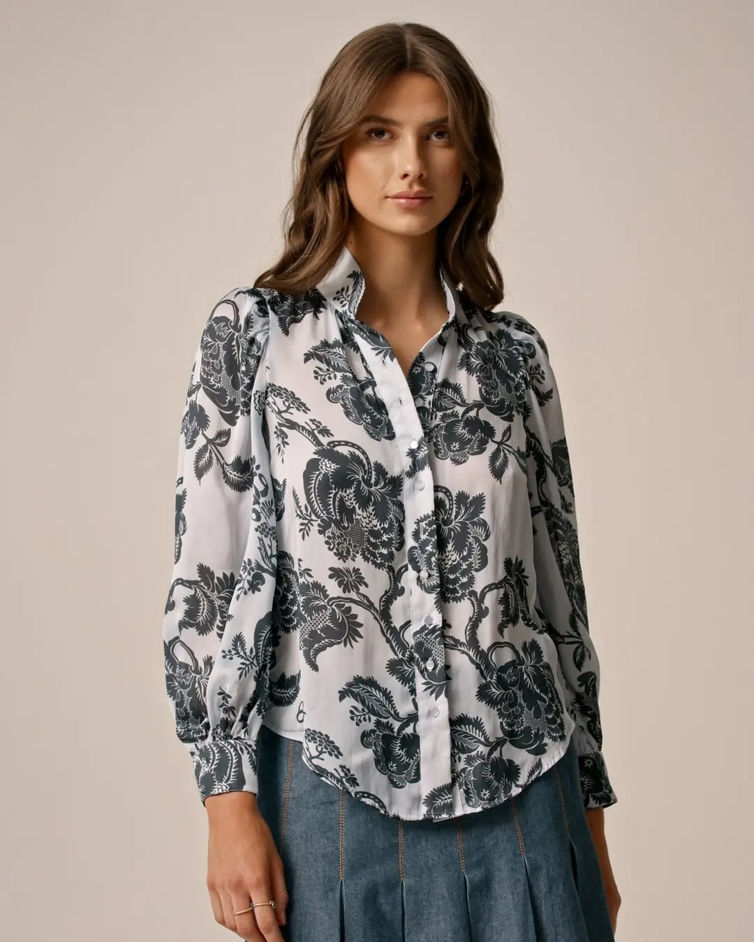 Organza Collared Blouse Blue Bouquet