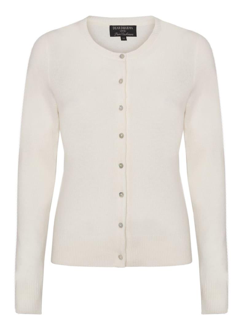 Klassisk offwhite cardigan for dame med runde knapper og lange ermer, basic stil.