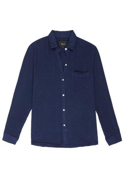 Mørkeblå dameskjorte med lange ermer og brystlomme, frontknapper, klassisk stil