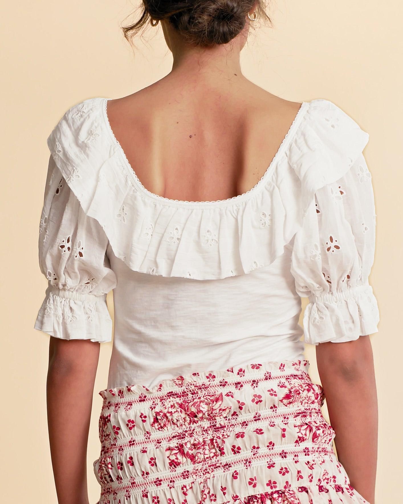 Kvinne med hvit blondebluse med volang og broderte ermer, og blomstret skjørt, sett bakfra.