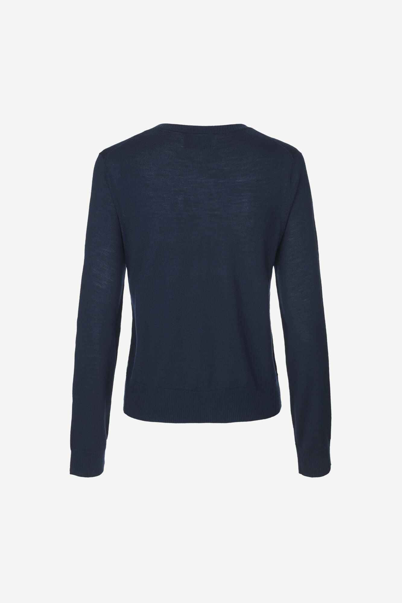 Mørkeblå cardigan for dame, bakside, lange ermer, enkel og klassisk design.