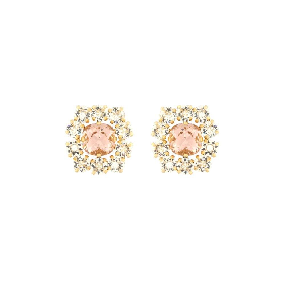 Gullfargede øredobber med rosa midtstein og små klare krystaller, elegant og feminin stil.