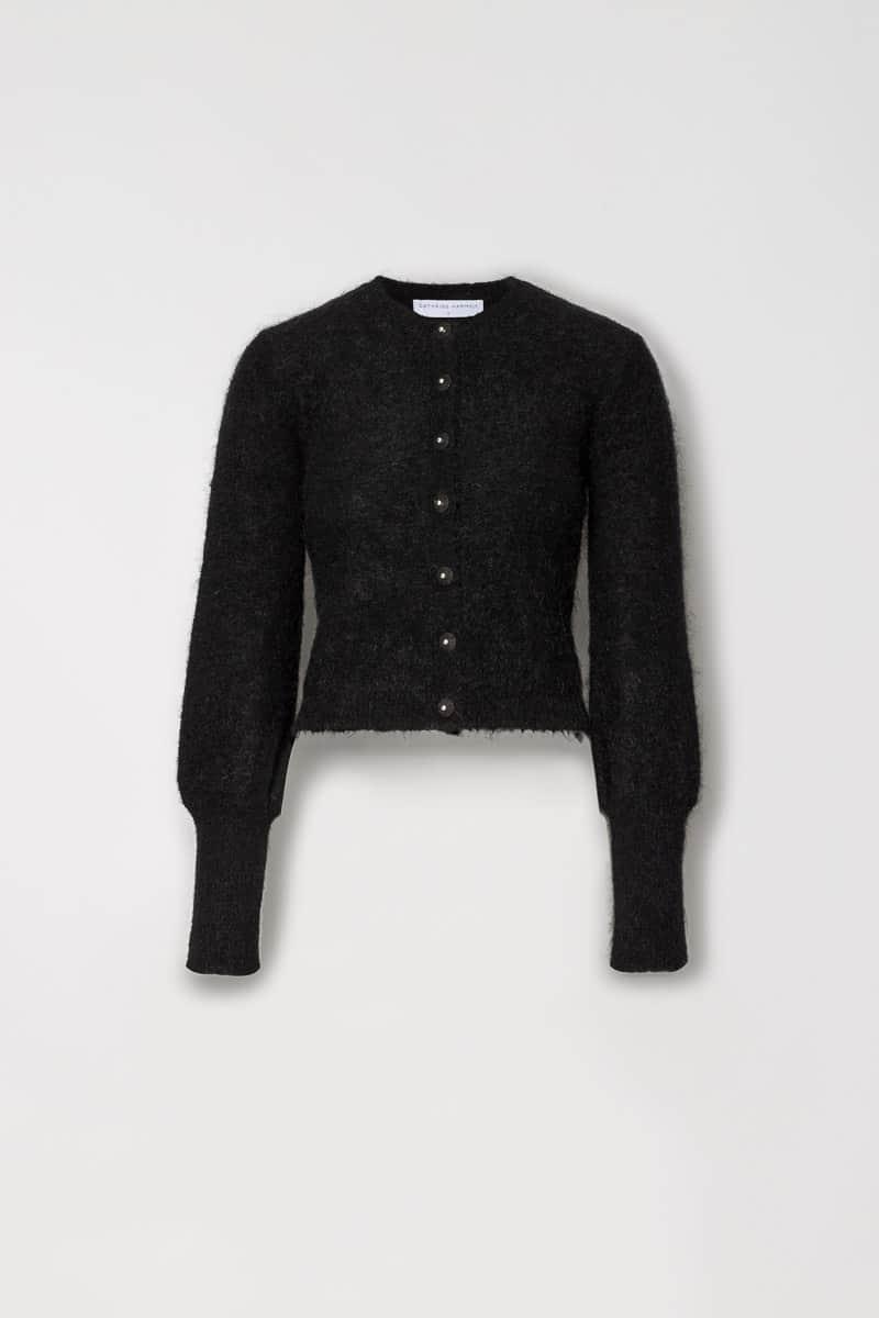 Sort mohair cardigan med lange ermer og knapper foran, dameklær