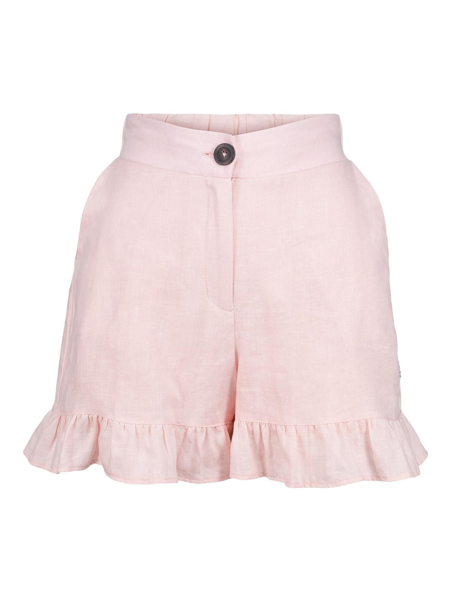 Lyserosa linskjorts med volangkant og knapp, sommer shorts dame