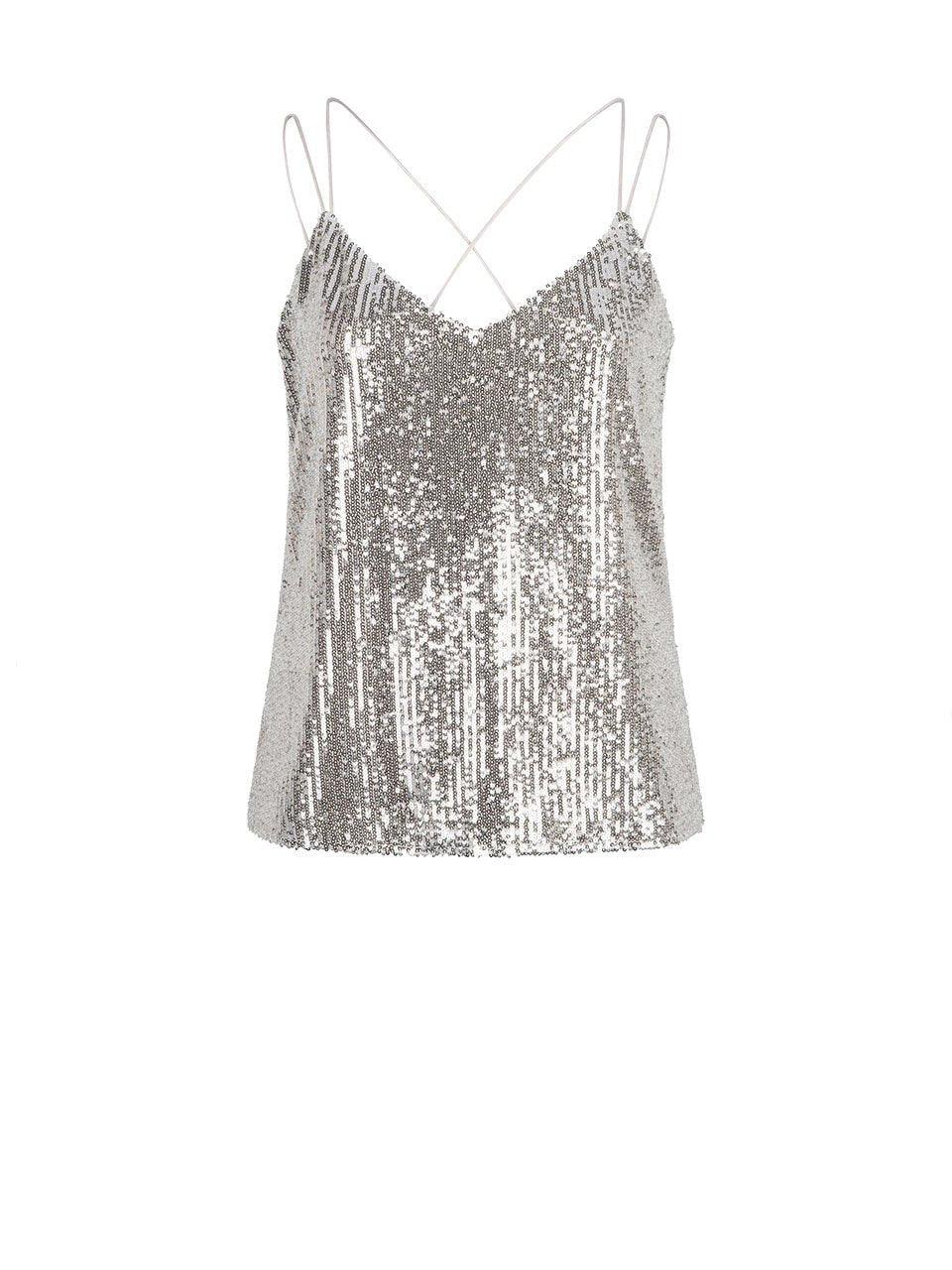 Sølv paljett singlet med tynne stropper for fest eller dameantrekk.