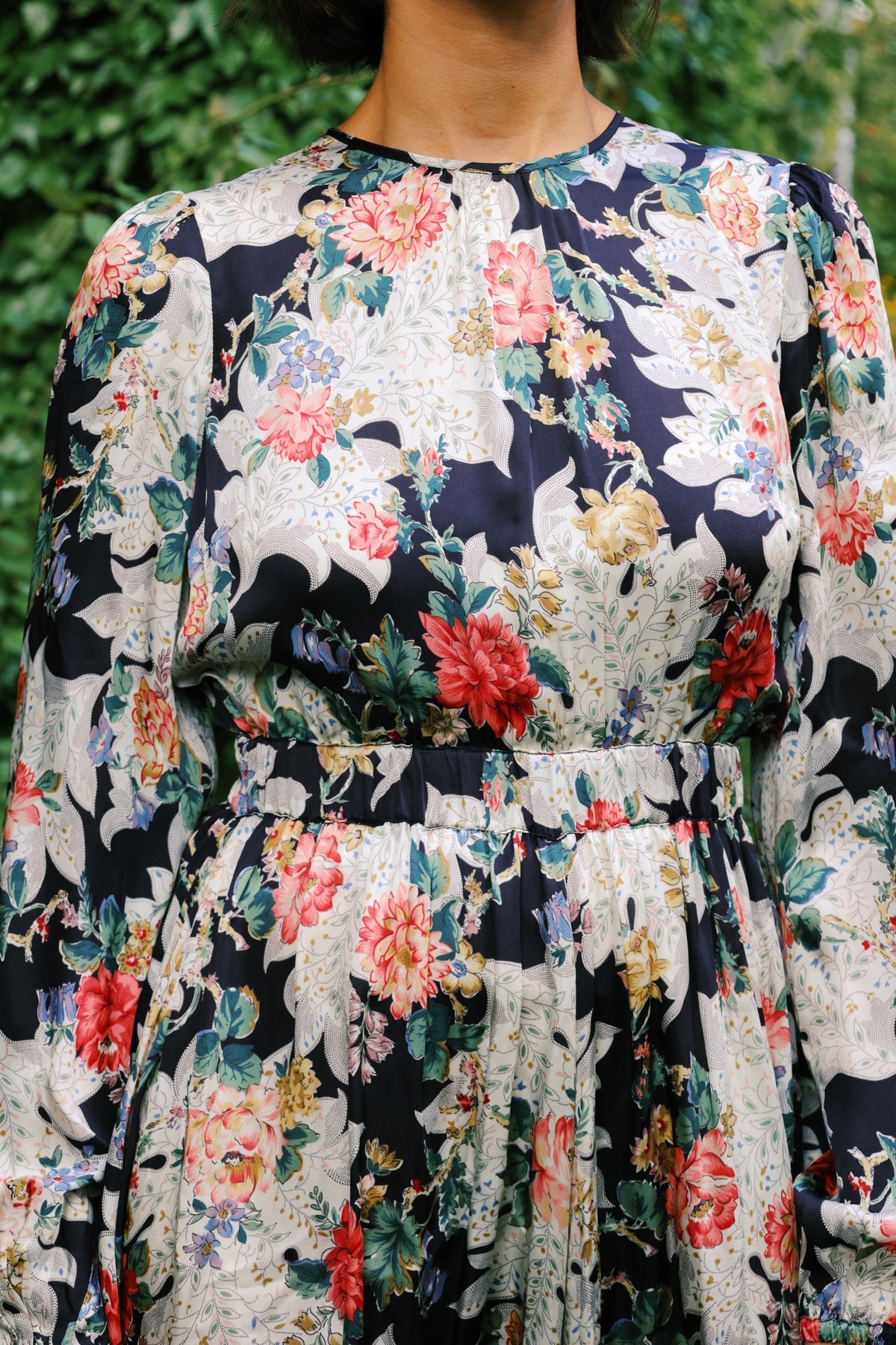 Satin Midi Dress Black Bouquet