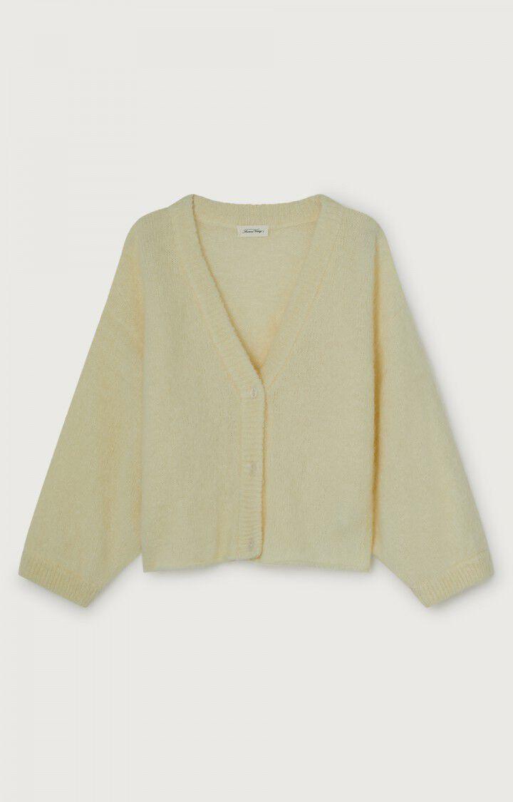 Lysegul, fluffy cardigan med V-hals og knapper, damestrikk, minimalistisk design.