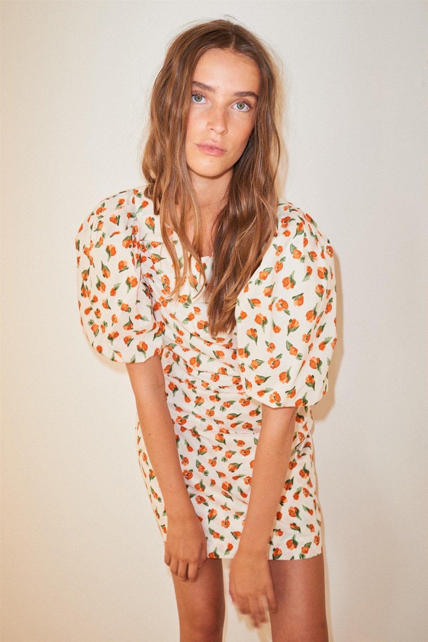Sandrine Puff Dress Mandarin Flower Print - No22 Damplassen