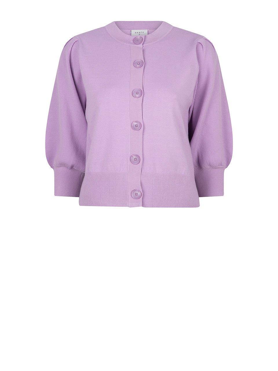 Lilla strikket cardigan med store knapper og ballongermer, dameklær.