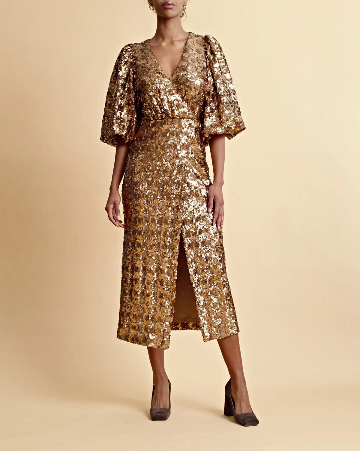 Sequins Midi Dress Golden - No22 Damplassen