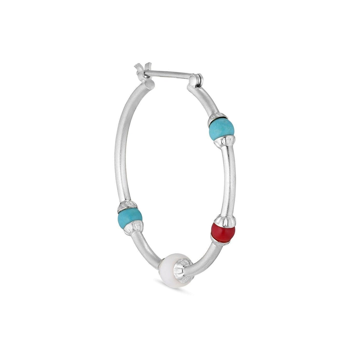 Sølvørering med blå, røde og hvite perler for dame, moteriktig tilbehør