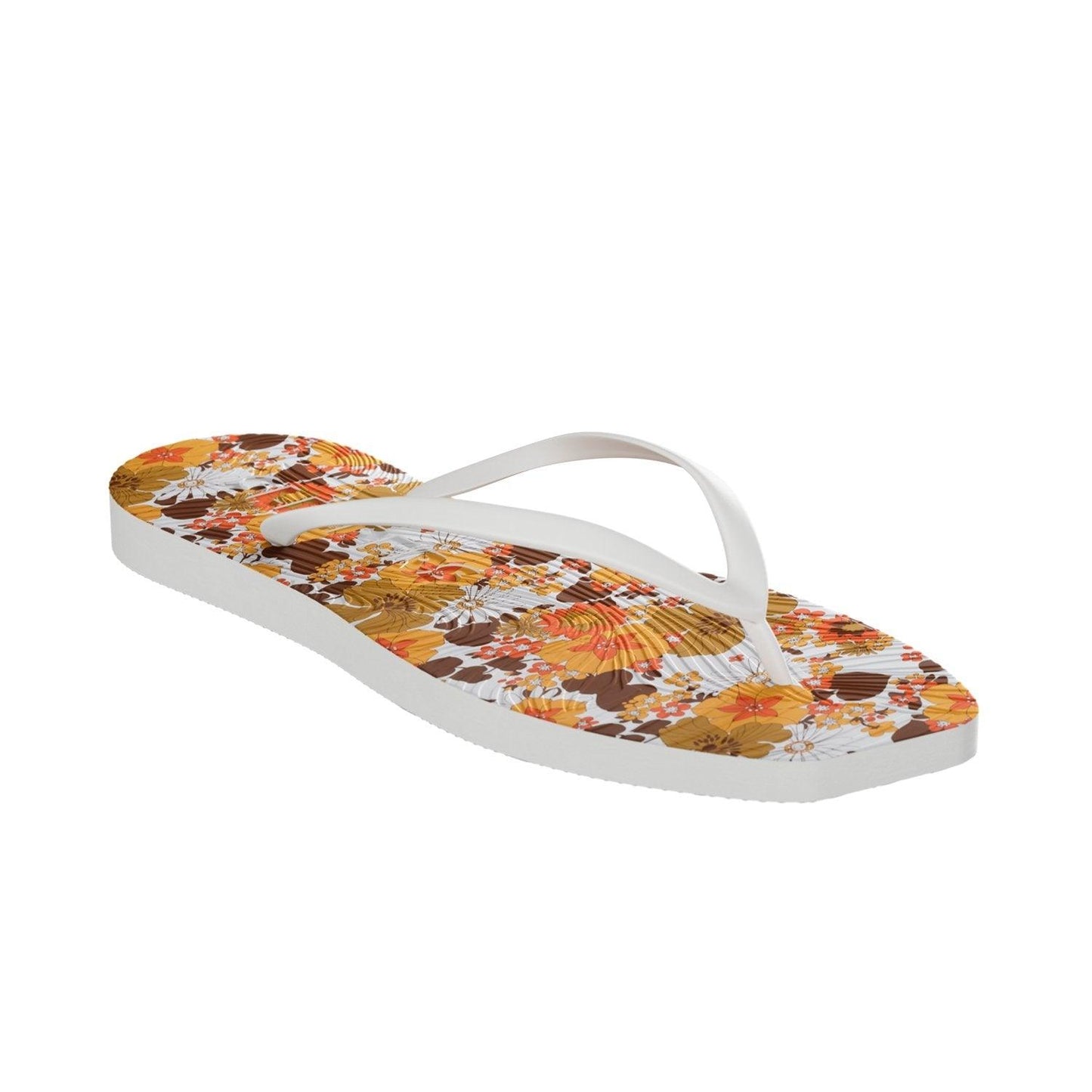 Hvit flip-flop sandal med retro blomsterprint i gult og brunt, sommerlig damefottøy
