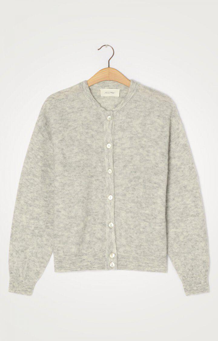 Lys grå melert cardigan med rund hals og knapper, dame, hengt på kleshenger