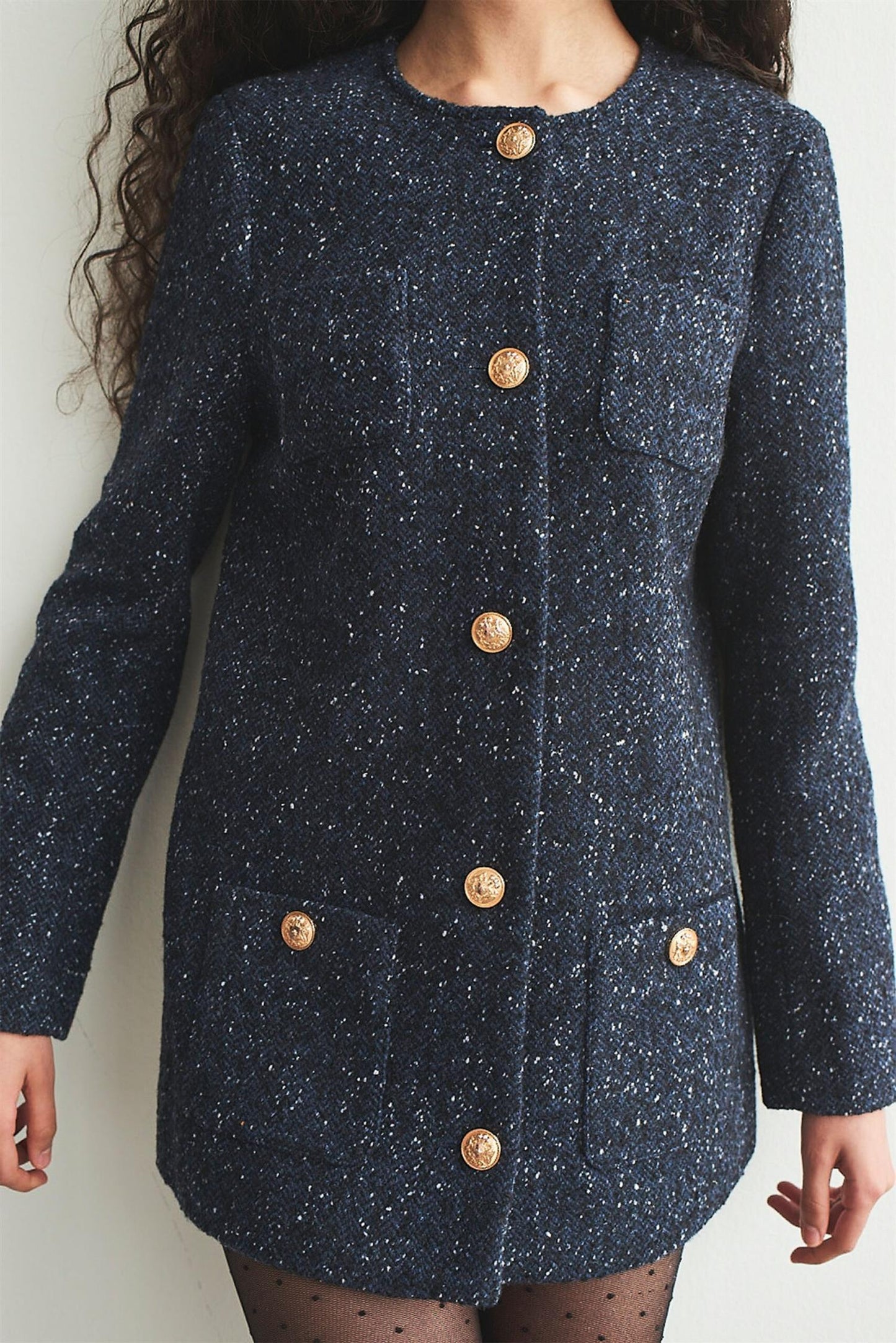 Amalia Pocket Jacket Navy Bouclé Herringbone - No22 Damplassen