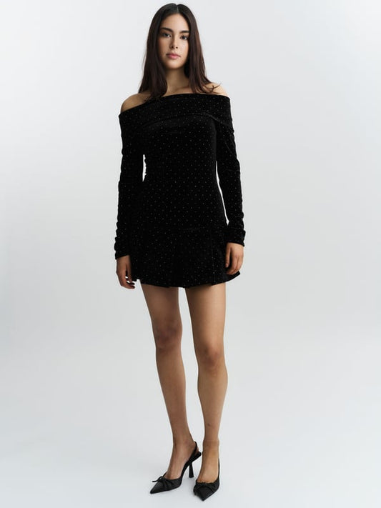 Colette Stud Velour Dress Black