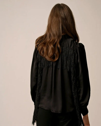 Satin Fringe Blouse Black