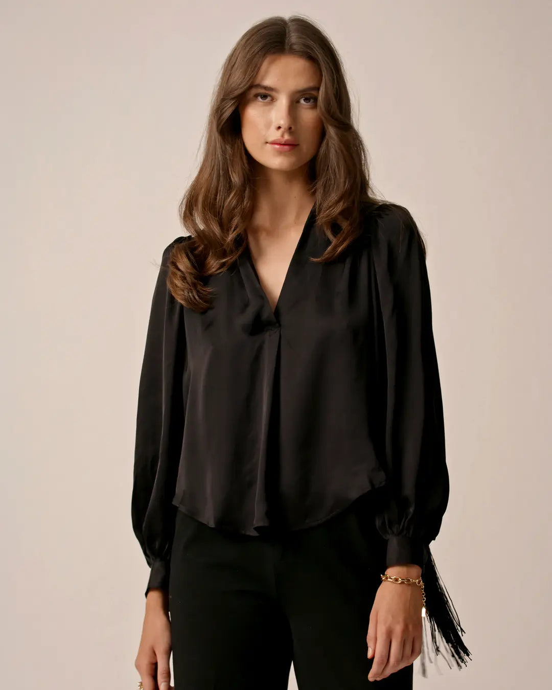 Satin Fringe Blouse Black