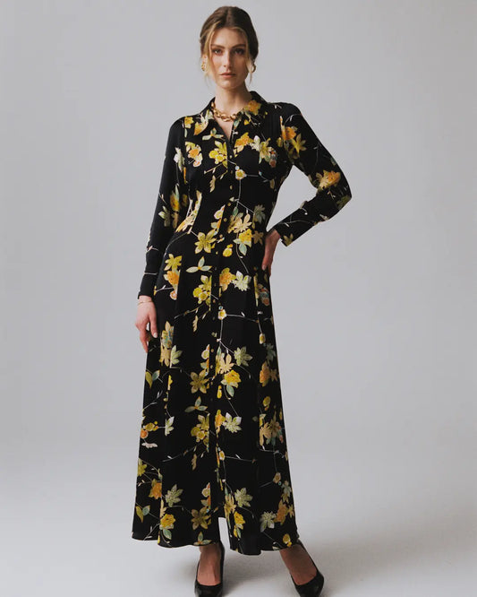 Satin Button-Down Dress Vintage Night Flowers
