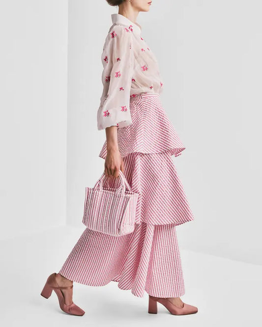Seersucker Flounce Skirt Pink Stripe