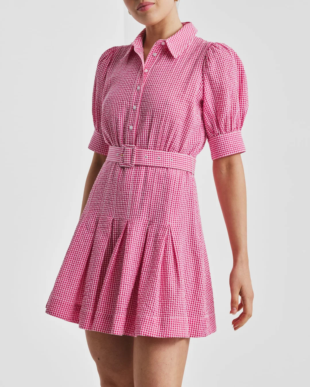 Seersucker Pleated Dress Pink Checks