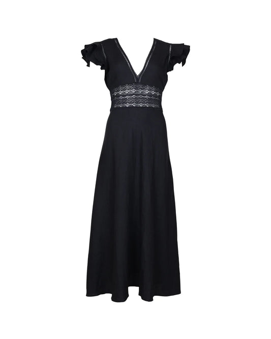 Linen V-Neck Dress Black
