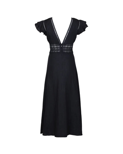 Linen V-Neck Dress Black
