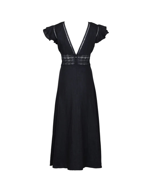 Linen V-Neck Dress Black