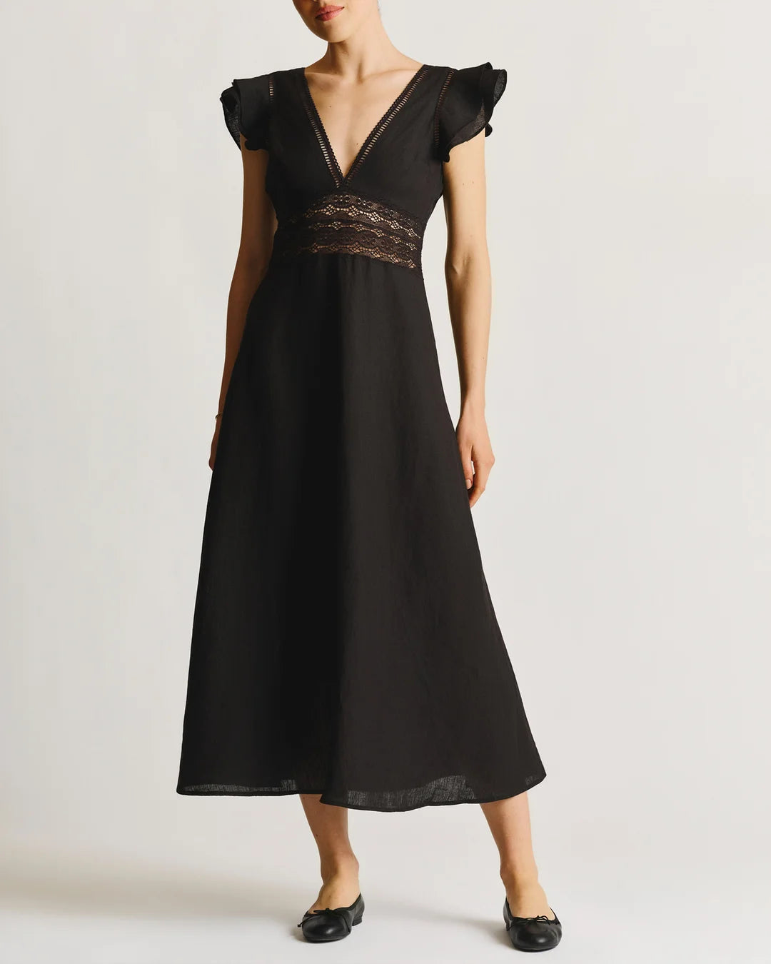 Linen V-Neck Dress Black