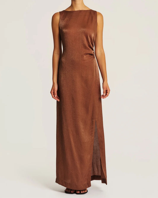 Shiny Sleeveless Dress Brown