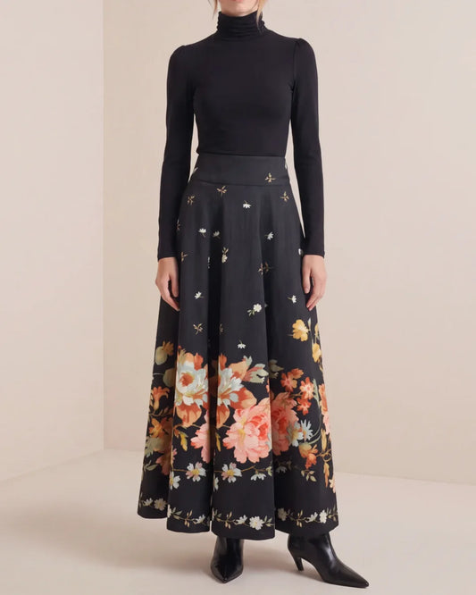 Taffeta Maxi Skirt Midnight Blossoms