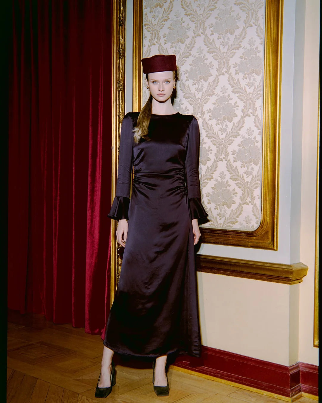 Satin Rouching Dress Burgundy