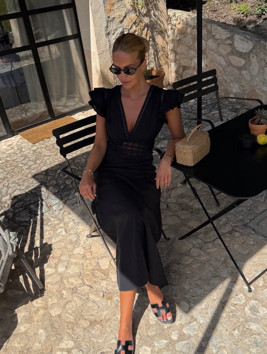 Linen V-Neck Dress Black