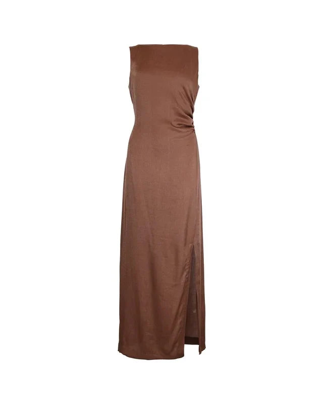 Shiny Sleeveless Dress Brown