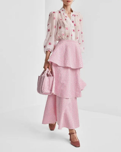 Seersucker Flounce Skirt Pink Stripe