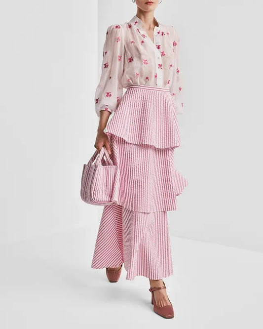 Seersucker Flounce Skirt Pink Stripe
