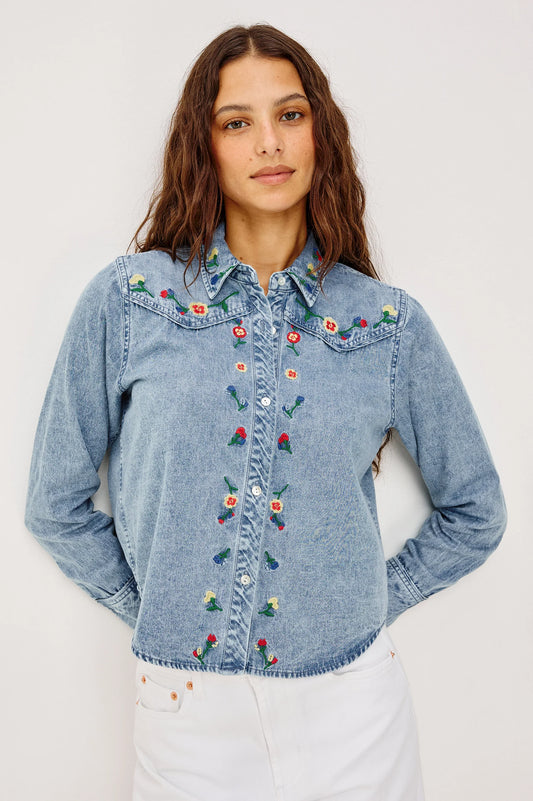 Bari Faded Indigo Floral Embroidery