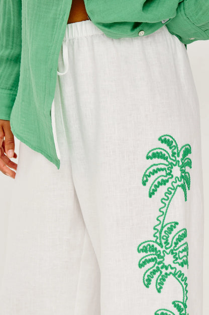 Emmie Pants Emerald Palms Embroidery