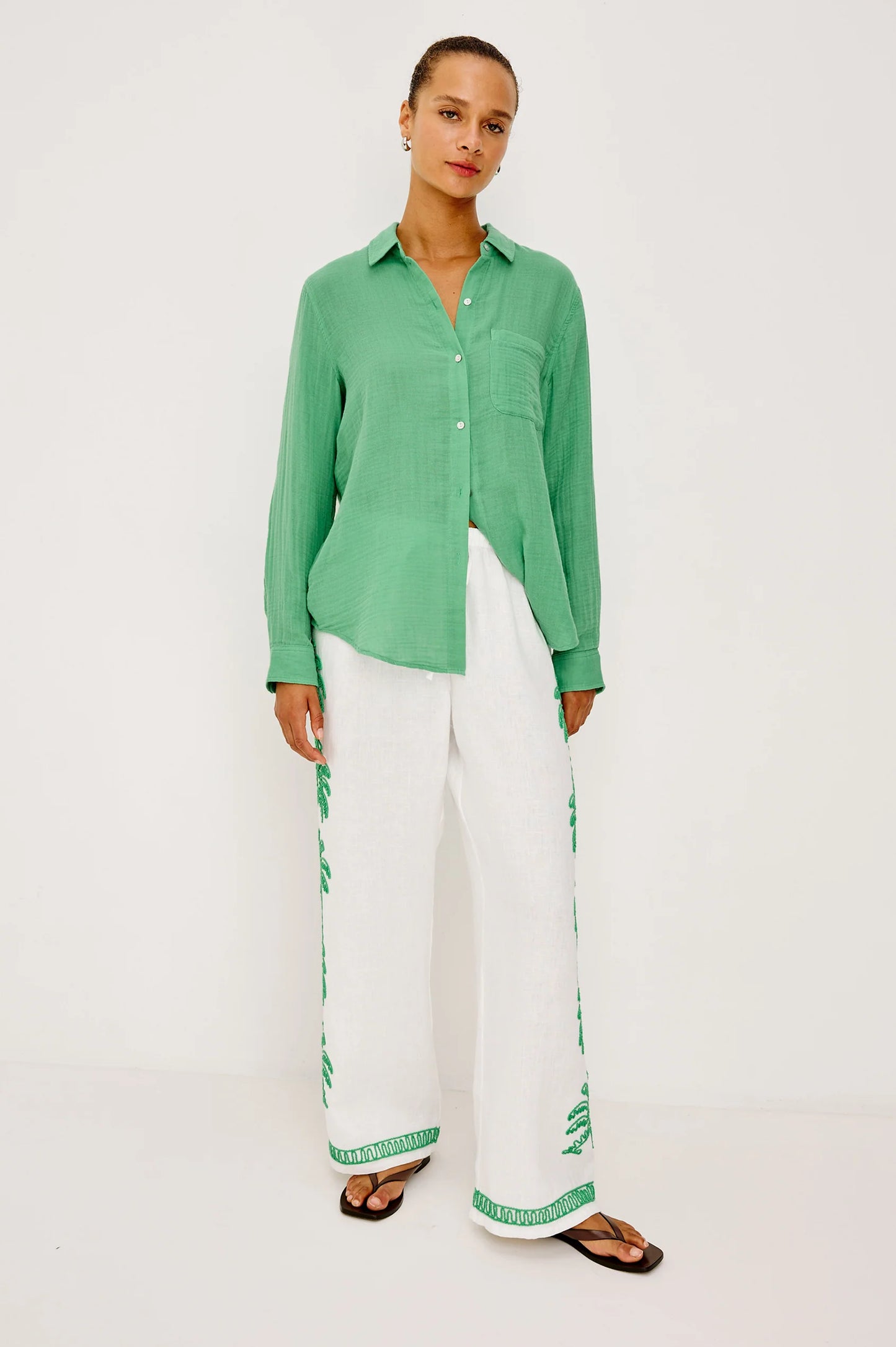 Emmie Pants Emerald Palms Embroidery