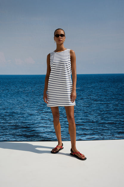 Kaylee Dress Ivory Navy Stripe
