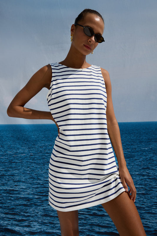 Kaylee Dress Ivory Navy Stripe