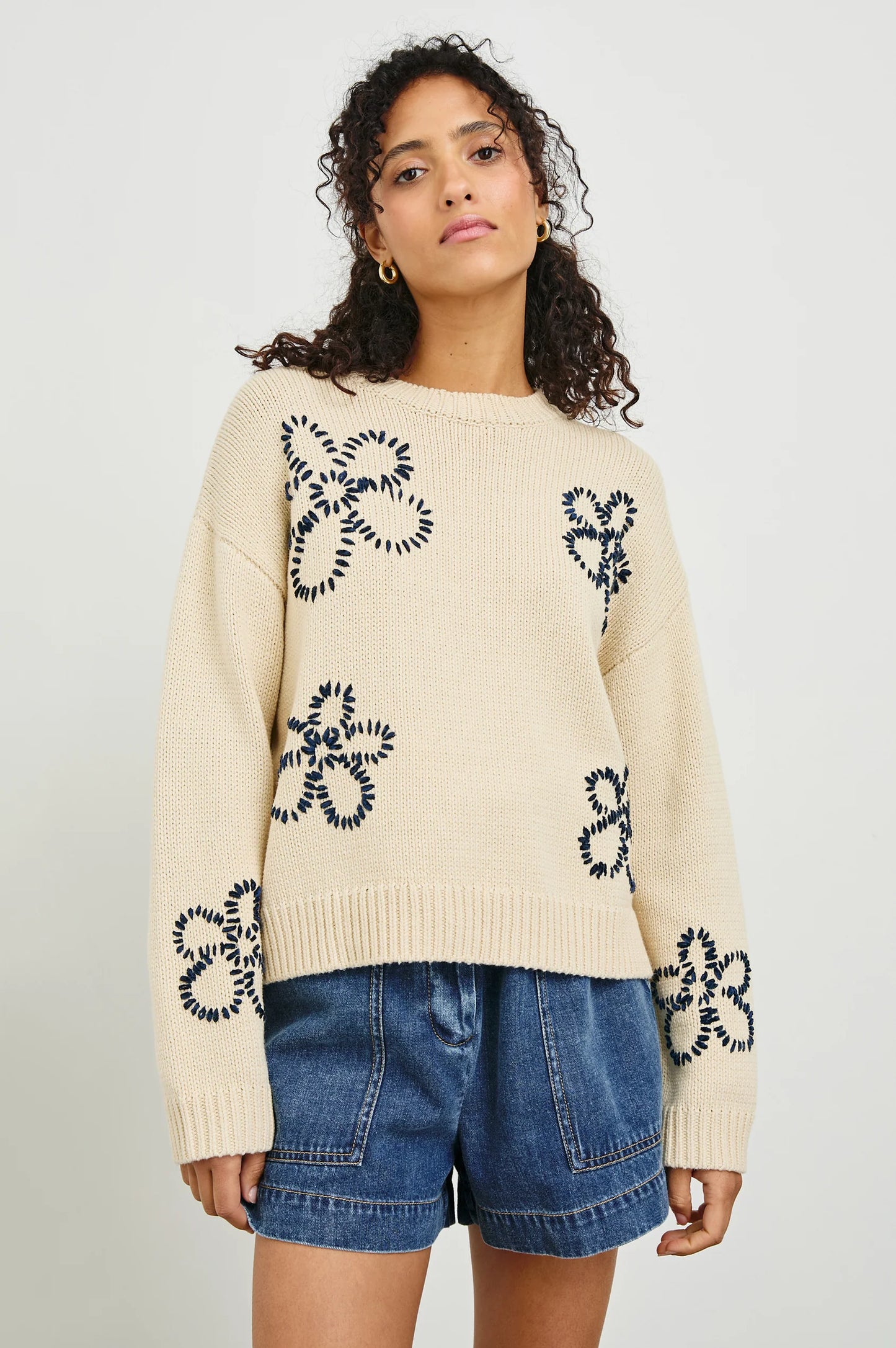 Zoe Sweater Ivory Navy Stitched Daises