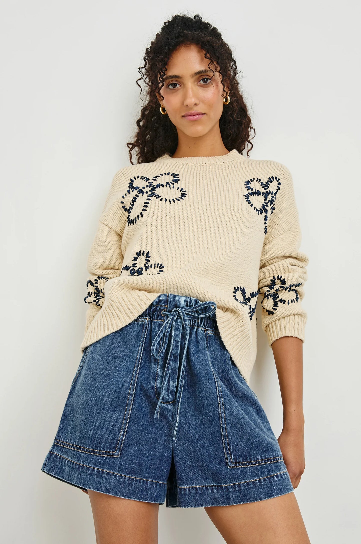 Zoe Sweater Ivory Navy Stitched Daises